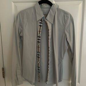 Burberry, London, women’s size small light blue button up with traditional plaid